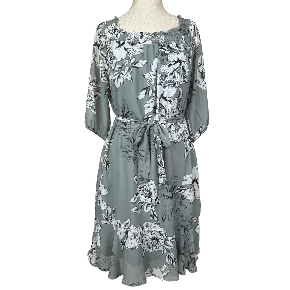 Maurices Dress Women L Floral Chiffon Belted Green Ruffle Garden Party Romantic